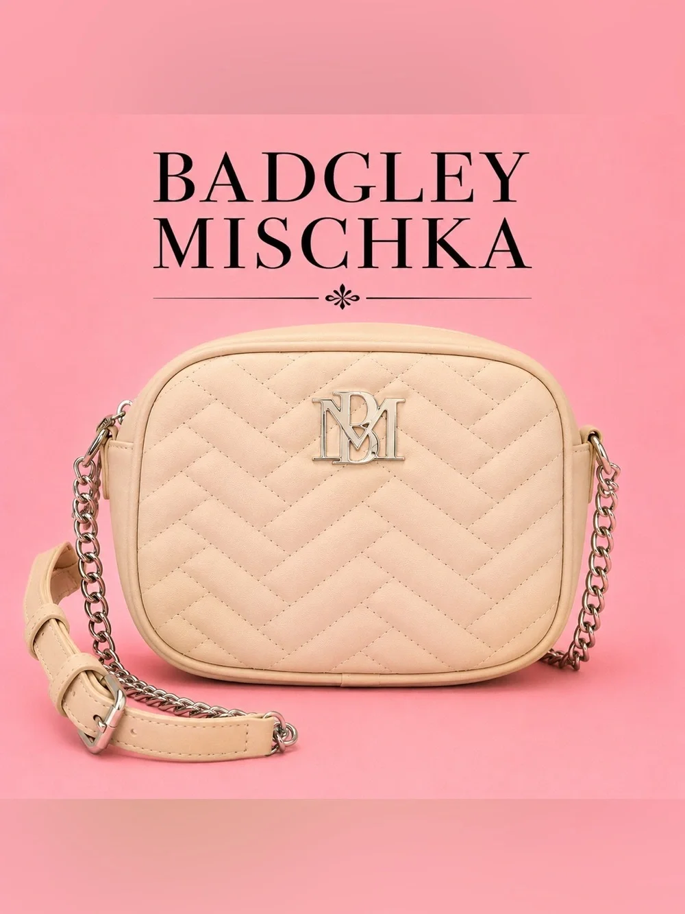 Badgley Mischka Beige Quilted Crossbody/Camra Bag with Silver Logo